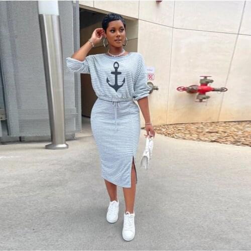 2021 Best Quality Fashion Design Dress Striped Bandage O-neck Short Sleeve Casual Midi Dress Vestidos