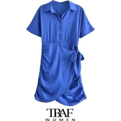 TRAF Za Women Fashion With Tied Soft Touch Wrap Mini Dress Vintage Short Sleeve Elastic Waist Female Dresses Vestidos
