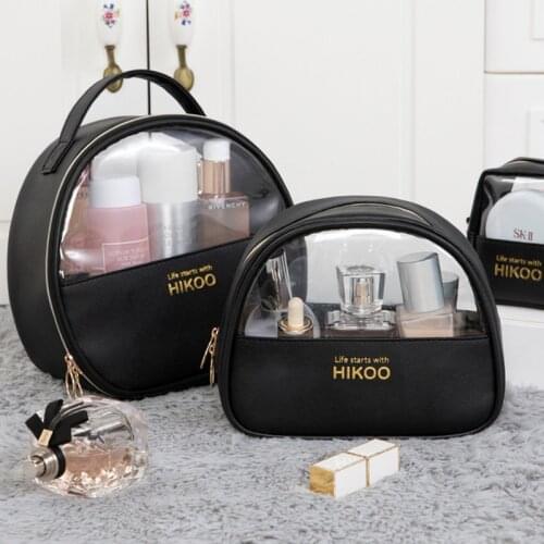 Portable Waterproof Cosmetic Bag Women Fashion Large Capacity Transparent Storage Bag Geometric Design Wash Bag Pink Black