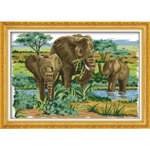 Counted 11CT Printed 14CT DMC Cross Stitch Set DIY Chinese Cotton Cross-stitch Kit Embroidery Needlework Elephants(2)(foraging)