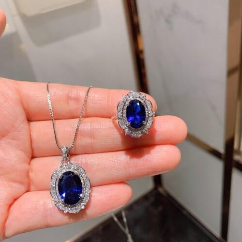 S925 Silver Needle European And American Tanzanite Blue Ring Pendant Jewelry Set Ring Main Stone 8*12 Pendant 10*14 Womens Jewe