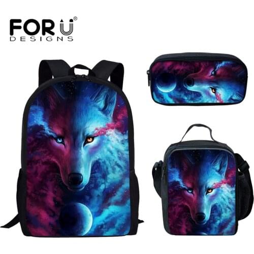 FORUDESIGNS Teenagers Student Schoolbags Set Wolf Pattern 3D Print School Backpack for Teen Boys Large Capacity Satchel Daypack