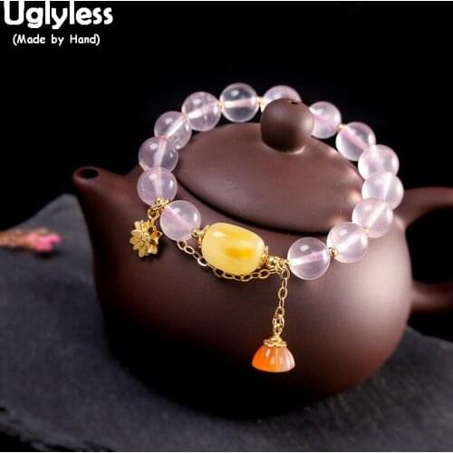 Uglyless Transparent Pink Crystals Bracelets for Women Elastic Rope Beading Gemstones Bracelets 925 Silver Agate Amber Jewelry