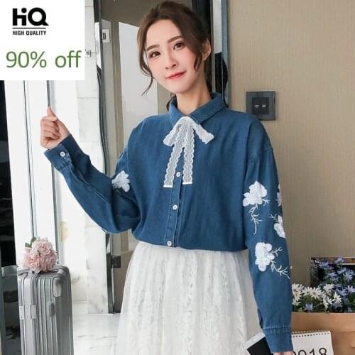 Spring New Camisa Feminina Manga Longa Embroidery Lace Bow Lace Up Casual Women Denim Shirts Single Breasted Lapel Female Blouse