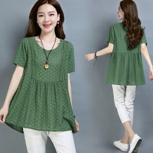 Womens Elegant Hollow Out Cotton T-shirt New Summer Short Sleeve Hollow Out Tops Female Solid Color Tees