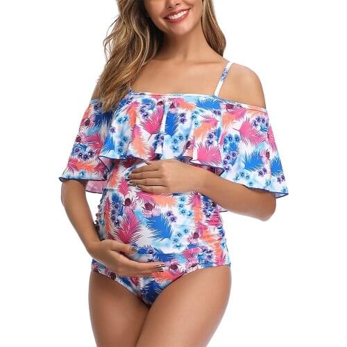 Women Off-Shoulder Maternity Swimsuits Flounce Floral One Piece Bathing Suits