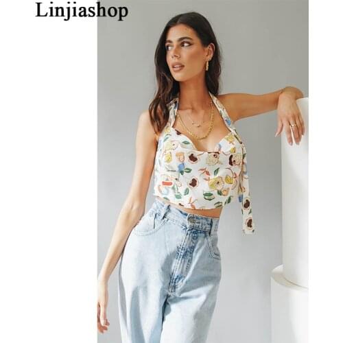 Summer Women camis sexy floral print crop top chic spaghetti straps side metal buckle femme vestidos