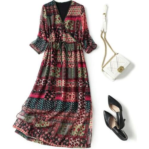 Mulberry Silk Dress Summer autumn New Women Temperament medium length V-neck Drawcord Waist Closing Print long skirt one-piece
