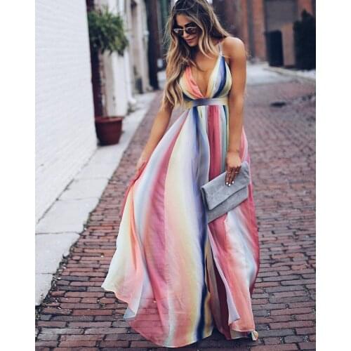 Summer Women Floral Print Beach Dress Sexy V-Neck Sleeveless Lace Up A Line Split Swing Bohemian Casual Maxi Chiffon Dress