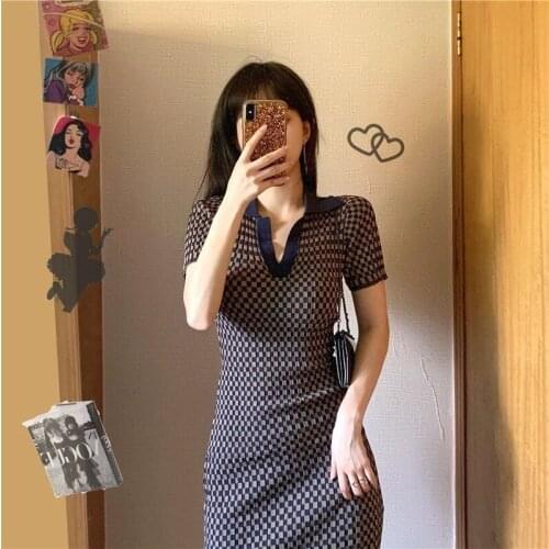 Polo collar knitted dresses women 2021 summer new fashion waist aesthetic slimming temperament houndstooth long bodycon dress