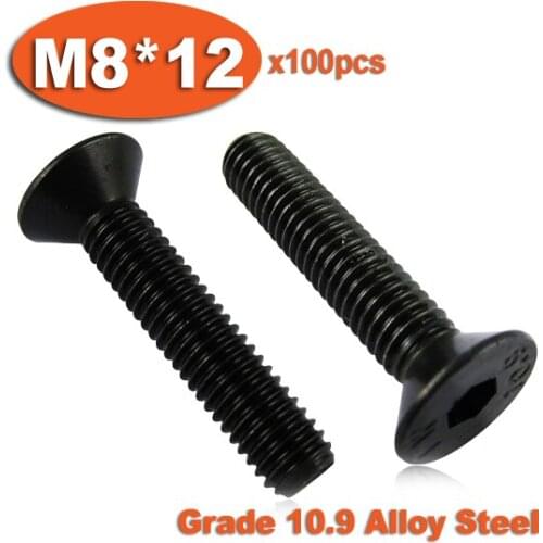 100pcs DIN7991 M8 x 12 Grade 10.9 Alloy Steel Screw Hexagon Hex Socket Countersunk Head Cap Screws