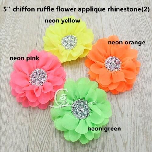 15pcs /lot Large rhinestones center shabby chiffon Flower with beads , handmade pearl center flowers in Neon color