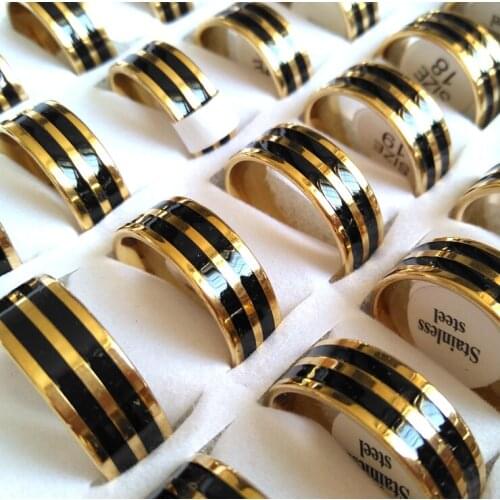 50PCS Gold high Polished Black Mens Band Rings Titanium Stainless Steel Finge Ring Wholesale Jewelry