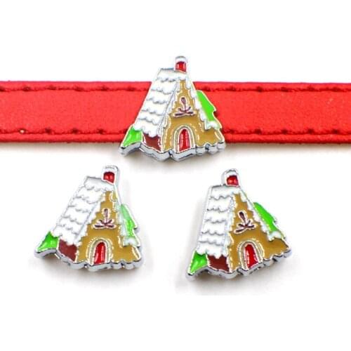 8mm New Year Christmas House Slide Charms Flat Hole Beads Keeper Fit 8mm Stainless Steel Mesh Bracelets DIY Jewelry Making