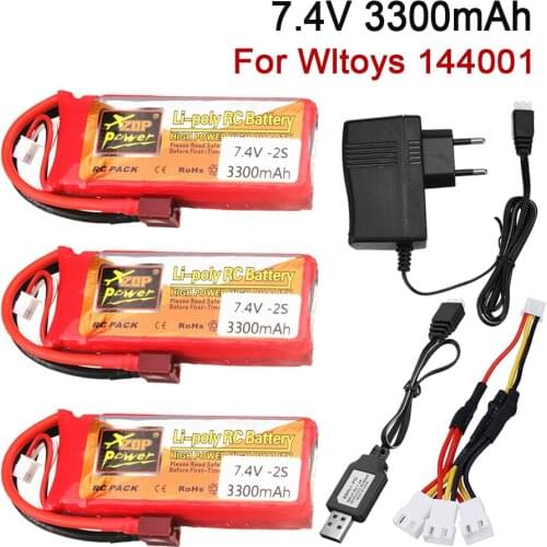 2S 7.4V Battery For Wltoys 144001 car Racing car 7.4V 3300mAh Lipo battery Charger Set with T Plug for Wltoys 1/14 144001 RC car