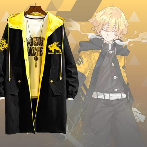 Anime Demon Slayer Agatsuma Zenitsu cosplay Windbreaker jacket Cartoons Long coat Fashion hooded jacket button Couples Sweater