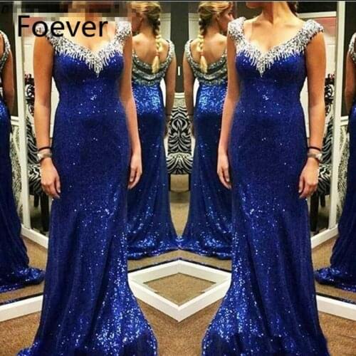 Bling Sequin Dark Navy Evening Dress V-Neck Long Formal Holiday Wear Prom Party Gown Custom Made Plus Size