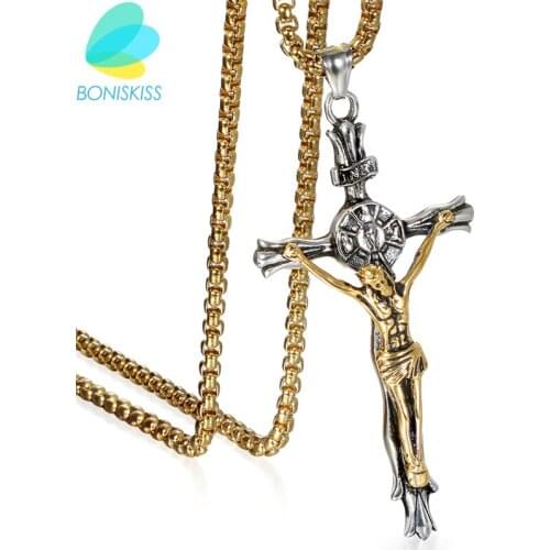 Boniskiss Men Cross Pendant Necklace Stainless Steel Link Chain Jesus Christ Necklace Statement Jewelry Necklace Jewelry Gift