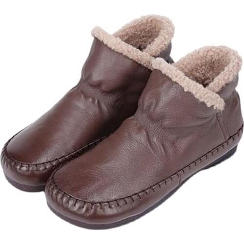 Retro Snow Boots Cowhide Women Winter Low Cut Slip On Thick Wool Shoes Soft Rubber Sole Comfortable Flat Bottom Warm Wearing