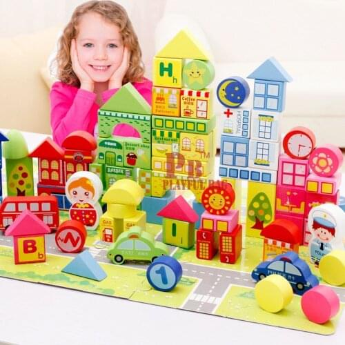 Childrens toys 160pcs learn city traffic wooden building blocks puzzle toys The best learning gift for children