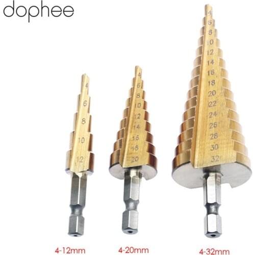 Dophee 4-12/20/32mm HSS Steel Large Step Cone Titanium Coated Metal Drill Bit Cut Tool Set Hole Cutter Woodworking Tools 3PCS