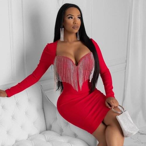 Elegant Sexy Long Sleeve Hot Rhinestone Tassel Midi Dress Women Club Party Gown Sleeveless Bodycon Dresses Skinny