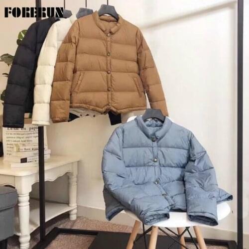 FORERUN Ultralight Down Jacket Women Standard Collar Solid Asymmetric Hemline Warm bubble Puffer Coat Slim 90 Duck Down