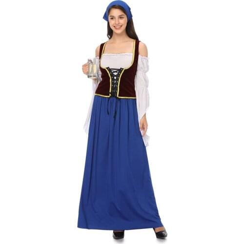 German Oktoberfest Costume Munich Beer Festival Long Blue Dress German Bavarian Beer Girl Uniform Beerfest Maid Costume