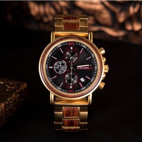 BOBO BIRD Watches Male Wristwatch Customize Chronograph Date Display Waterproof relogio masculino Wood Box Gift For Dad