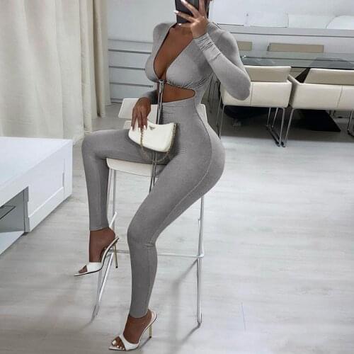 New Ins Style Home Comfortable Slim Fit Suit 2021 Autumn Solid Color Long Sleeve Sexy Lacing Cardigan Trousers One-Piece Suit