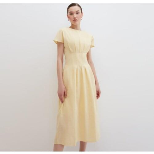 MUICHES Sweet O-Neck Yellow Long Dress Woman Short Sleeve High Waist A-Line Dress Basic Solid Country Style 2021 New Fashion