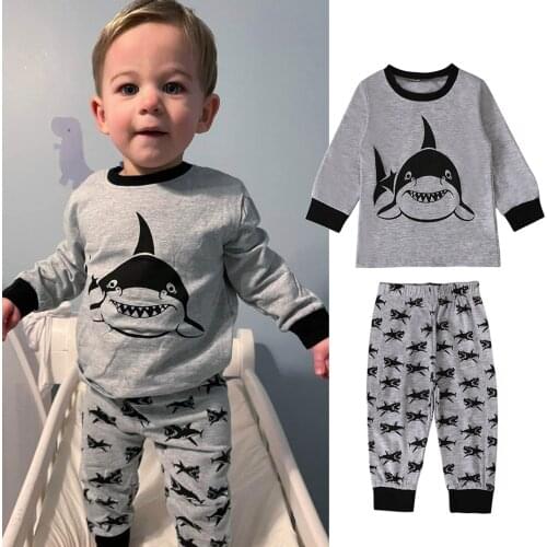 Spring Autumn Baby Boys Casual Two-piece Clothes Set Grey Shark Printed Pattern Round Collar Pullover and Elastic Waist Pants
