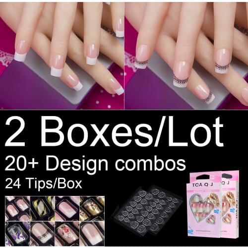 Press On False Nail Tips 2 Boxes/lot 24 pieces/box Fake Nail Tips With Designs Nail Adhesives Included 10 Sizes