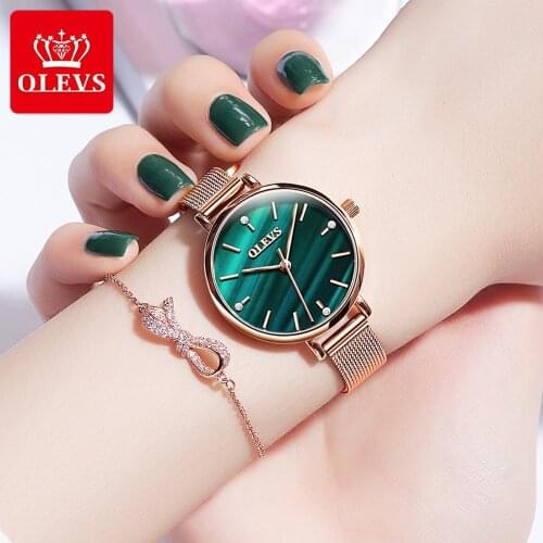 Reloj Mujer Simple Ladies Watch Rose Gold Mesh Stainless Steel Women Watch Green Dial Female Watch Waterproof Zegarek Damski