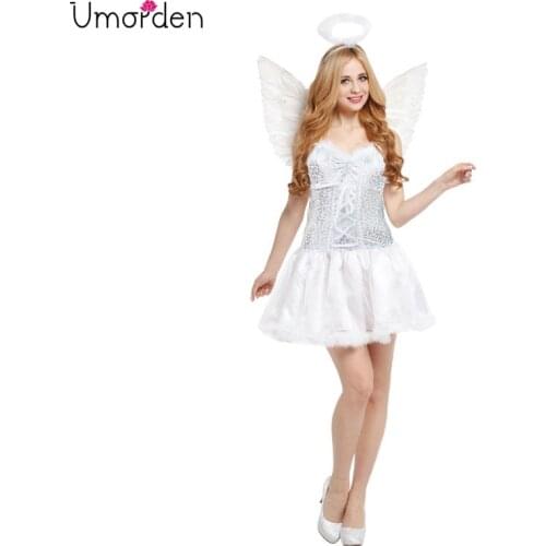 Umorden Purim Carnival Party Halloween Costumes Lady Woman Purity White Angel Costume Women Fancy Dress Wing