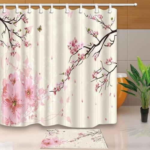 Cherry Blossoms Bathroom Decor Shower Curtain Waterproof Fabric