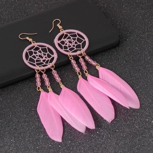 1 Pair Dangle Earrings Feather Design Jewelry Ethnic Style Dream Catcher Hollow Out Vintage Bohemia Earring Female Wedding Party