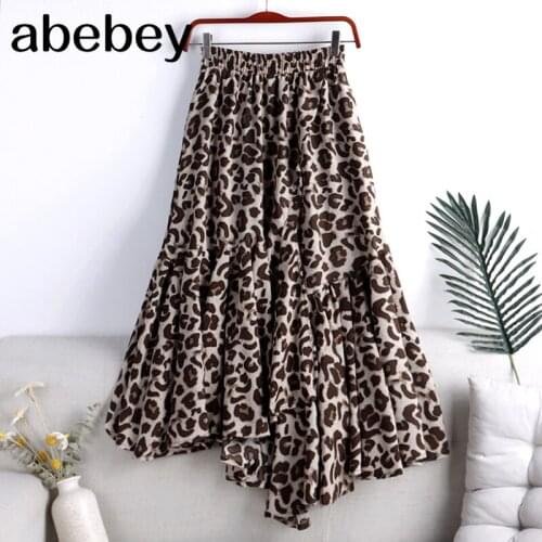 Pleated Leopard Skirt Women High Waist Mid-Calf Irregular Casual A-Line 2021 Spring Summer Korean Fashion New Skirts