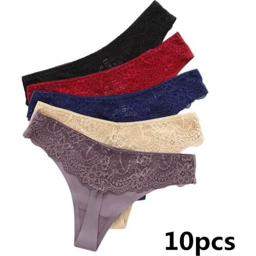 10PCS Womens Thong lace ice silk Stitching Panties Female Underwear Sexy Lingerie stretch plus size Thongs Women G-string