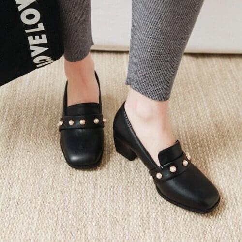 Big Size 11 12 ladies high heels women shoes woman pumps Pearl with middle heel in square-headed single shoe