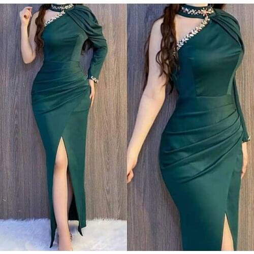 Elegant Long One Shoulder Mermaid Beaded Evening Dresses with Slit Floor Length Satin Abendkleider Formal Party Dress for Women