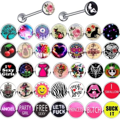 1 Piece Surgical Steel Different Epoxy Logo Dirty Bad Words Tongue Piercing Barbell Tongue Ring Bar Body Jewelry 16G