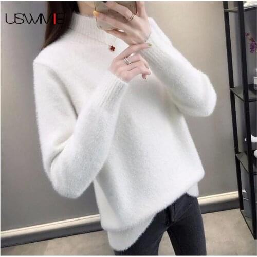 Free Shipping Sweater Women Autumn Winter Fashion Outwear Loose Half High Collar Thick Solid Color Long Sleeve Female Pullover