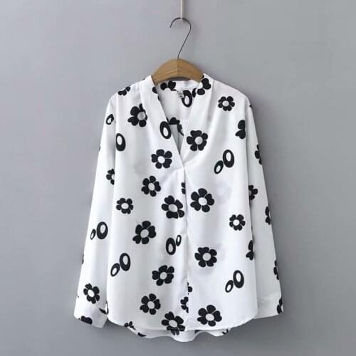 Plus Size Womens Chiffon Blouse V-neck White Black Long Sleeved Blusas Officewear Floral Printed Tops