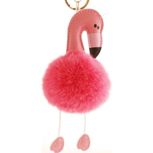PU Leather Flamingo Hairball Keychain for Women Plush Backpack Pendant Female Soft Plush Key Chains Fashion Trendy Accessories