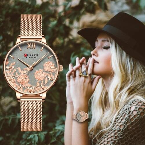 CURREN New Fashion Simple Women Watch Flower Stainless Steel Glassy Quartz Ladies Wristwatch Silm Casual Waterproof Female Clock