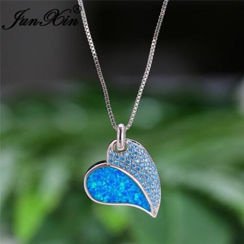 Valentine Day Big Love Heart Pendant Blue White Fire Opal Necklaces For Women White Gold Pink Purple Zircon Wedding Necklace Cz