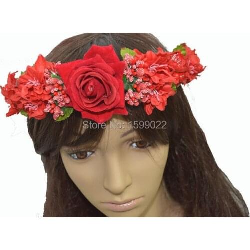 Dainty Red Rose Hydrangea Flower Headpieces Hawaii Floral Hairwear Wedding Bridal Renaissance Christmas Costume Hair Accessorie
