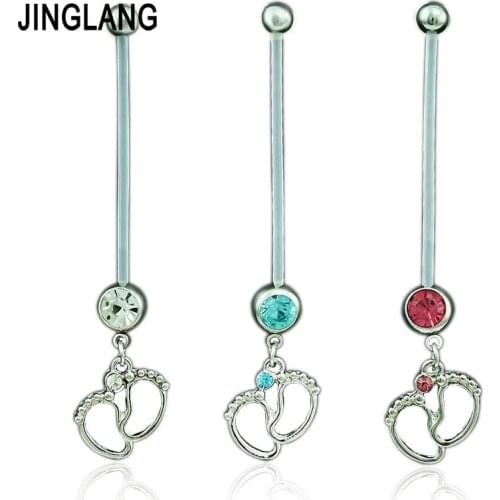 JINGLANG Silver Color Belly Button Rings Long Plastics Bar Dangle Double Foot Navel Rings For Women Body Piercing Jewelry