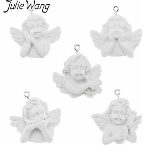 Julie Wang 5PCS Resin Baroque Angel White Charms With Hook Cabochon Pendant Bracelet Jewelry Making Accessory Home Decoration